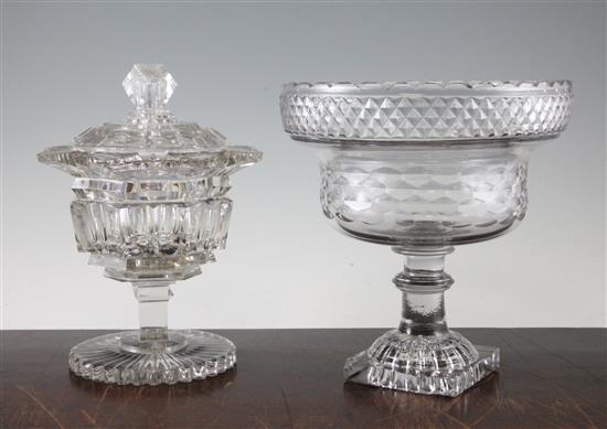 A cut glass pedestal comport & a glass sweetmeat jar and cover, c.1830, 21.5cm. and 23.5cm.